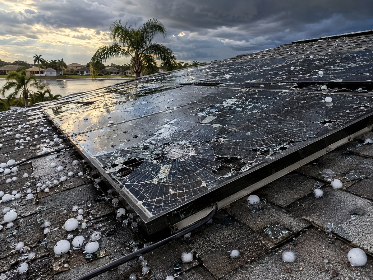 Concept illustration of Florida rooftop solar panels with cracked glass and hailstones under storm clouds