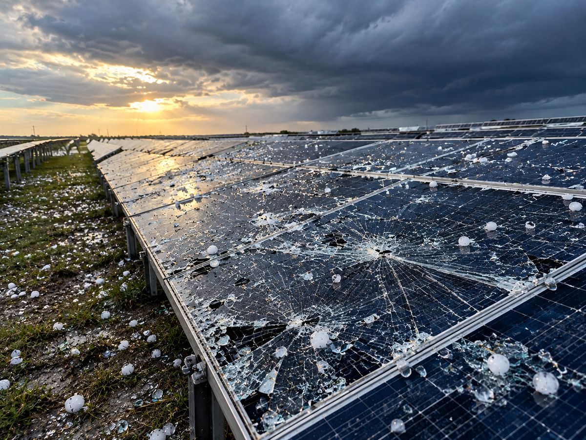 Concept illustration of a solar farm with shattered panels and hailstones after a severe hailstorm