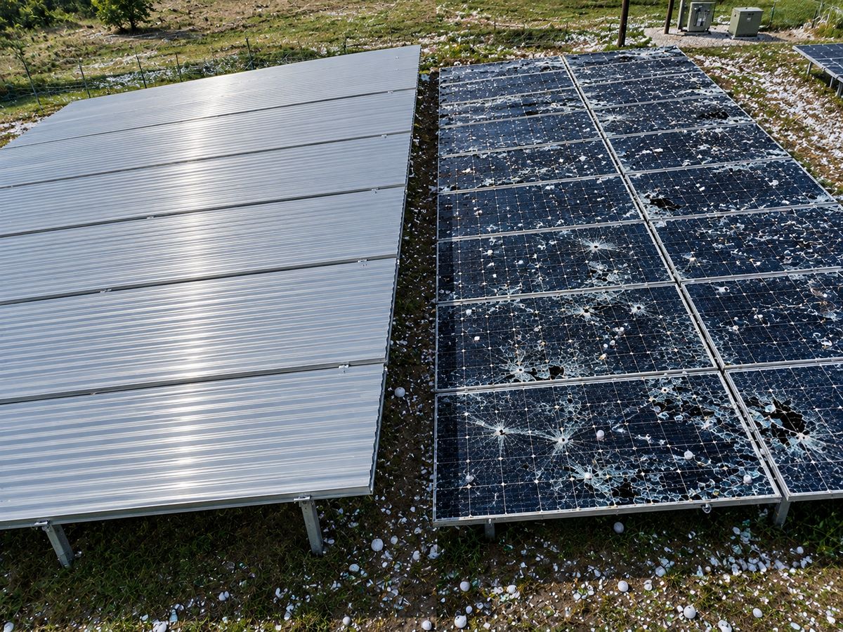 Concept illustration comparing a protected solar array with cover panels beside a hail-damaged array